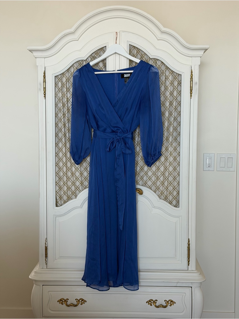 DKNY Cobalt Blue 3/4 Sleeve Wrap Midi Dress
